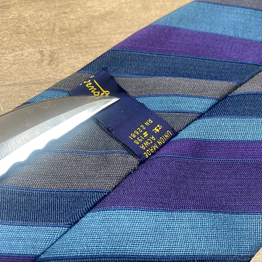 B.J. Ernst Vintage 60s Striped Tie Necktie Blue Purple Grey Wool Blend Union USA